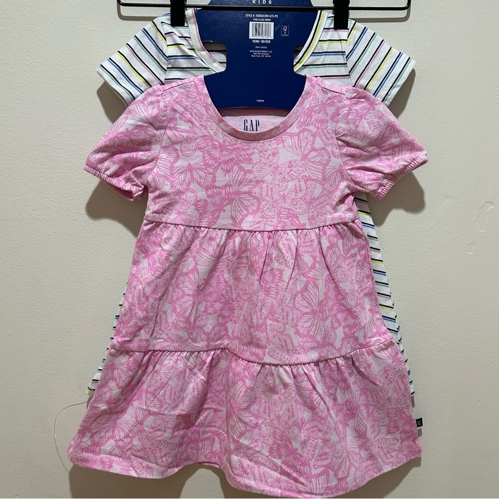 NWT Gap Kids 2-Pack Dress - Pink Butterflies and White Multicolored Stripes - 3T
